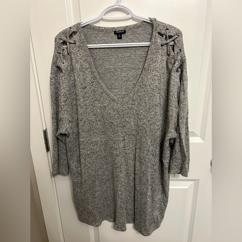 Torrid Heather Gray V-Neck Sweater with Lace-Up Detail